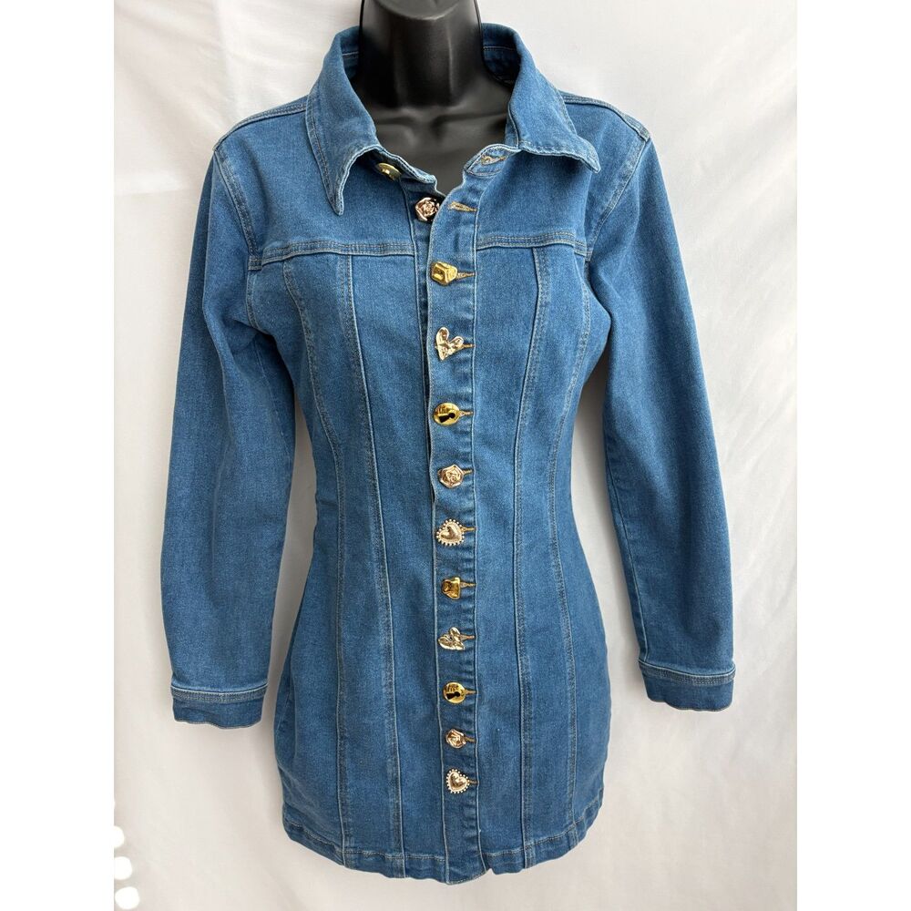 AKIRA Label Don't Push My Buttons Denim Mini Dress Size S Long Sleeve Gold Cute